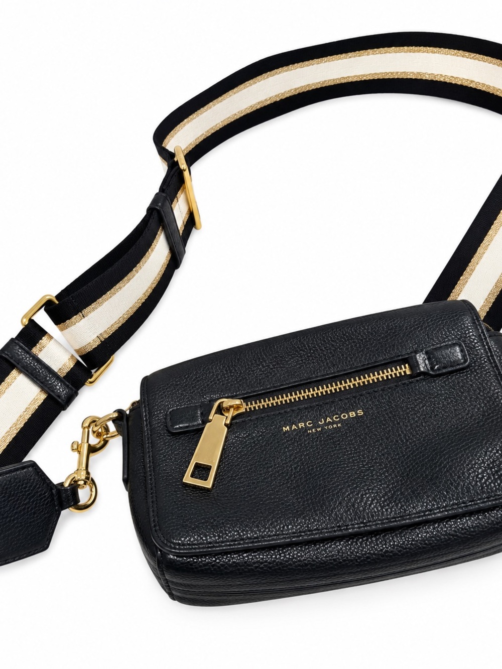 Marc Jacobs Black Leather Crossbody with Gold Hardware and Striped Strap